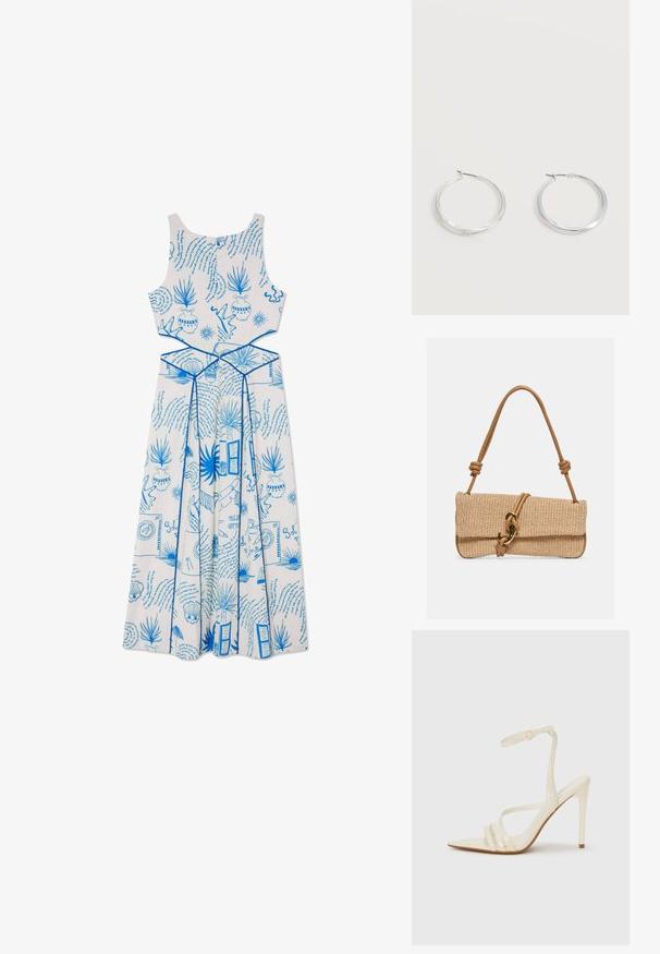 Vestido blanco sin mangas con patrones impresos en azul, que incluyen plantas y formas, con un cuerpo ajustado y un diseño de falda fluida.; Sandalias de tacón alto beige con punta estrecha, que cuentan con tres tiras frontales y una tira delgada en el tobillo con hebilla. Textura lisa, diseño minimalista.; Bolso de mano rectangular tejido en color beige con asa de cuero marrón claro que presenta nudos y un cierre de gancho en tono dorado sobre un fondo liso.; Pendientes de aro de metal plateado con superficie lisa y ligeramente curvada y cierre de tipo mosquetón sobre un fondo blanco liso.