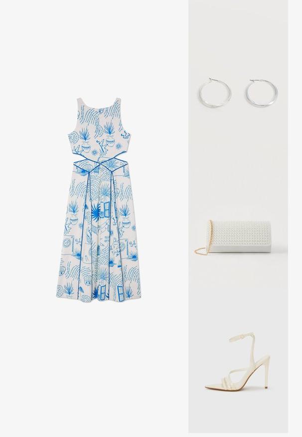 Vestido blanco sin mangas con patrones impresos en azul, que incluyen plantas y formas, con un cuerpo ajustado y un diseño de falda fluida.; Sandalias de tacón alto beige con punta estrecha, que cuentan con tres tiras frontales y una tira delgada en el tobillo con hebilla. Textura lisa, diseño minimalista.; Clutch rectangular blanca con un patrón texturizado de pequeñas cuentas en el frente, con una correa cadena dorada. Material liso similar al cuero.; Pendientes de aro de metal plateado con superficie lisa y ligeramente curvada y cierre de tipo mosquetón sobre un fondo blanco liso.