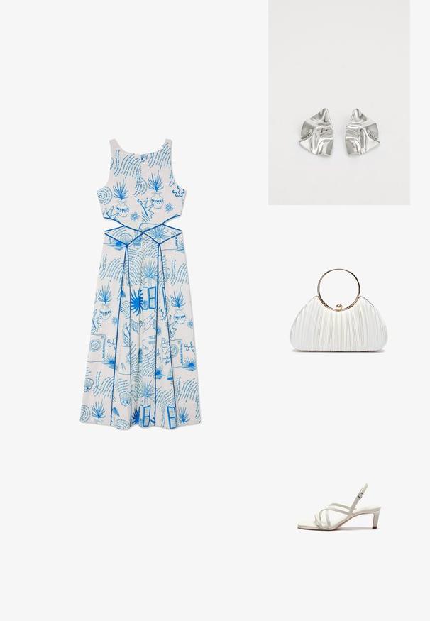 Vestido blanco sin mangas con patrones impresos en azul, que incluyen plantas y formas, con un cuerpo ajustado y un diseño de falda fluida.; Zign by Zalando Tacones - off white; Bolso de mano blanco plisado con un asa circular dorada, que presenta un tejido suave y una forma redondeada. Diseño elegante con un acabado texturizado.; Pendientes de metal plateado con un diseño ondulado y escultórico, que presentan un acabado pulido y formas irregulares, destacando una estética contemporánea.