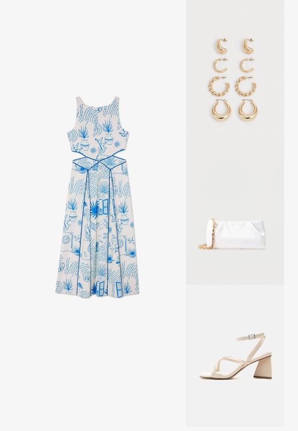 Vestido blanco sin mangas con patrones impresos en azul, que incluyen plantas y formas, con un cuerpo ajustado y un diseño de falda fluida.; Sandalia beige con punta abierta, tacón cuadrado, tiras cruzadas y correa ajustable en el tobillo con hebilla plateada.; Bolso de mano suave blanco con correa de cadena dorada adornada con piedras preciosas transparentes, sobre un fondo liso de color gris claro.; Conjunto de cinco pendientes de oro, con distintos diseños: superficies retorcidas, estriadas y lisas en formas de aro y media luna.