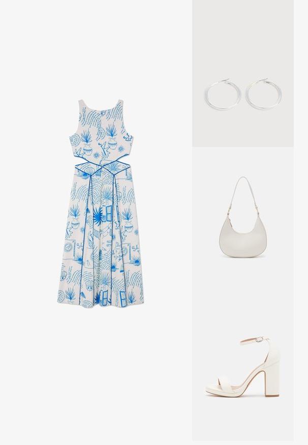 Weißes ärmelloses Kleid mit blauen Druckmustern, darunter Pflanzen und Formen, mit einem taillierten Oberteil und einem fließenden Rockdesign.; Weiße High-Heel-Sandale mit Knöchelriemen, minimalistisches Design, offene Zehen, Blockabsatz und glattes Lederfinish.; Cremfarbene Leder-Schultertasche mit einer Halbmondform, dünnem Schulterriemen und subtilen Stichdetails. Minimalistisches Design mit goldfarbenen Hardware-Akzenten.; Paar glänzende silberne Creolen mit dünnen Drahtverschlüssen, dargestellt vor einem hellgrauen Hintergrund.