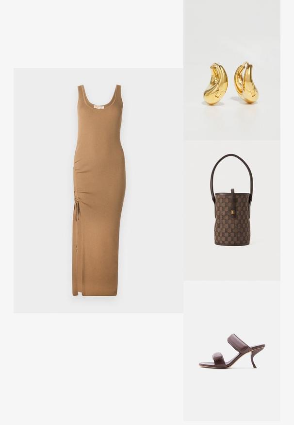 Vestido maxi de punto acanalado en marrón claro, con escote redondo y fruncido lateral ajustable con lazos para un mejor ajuste.; Sandalia de tacón alto de cuero marrón con punta abierta, dos tiras acolchadas y tacón de aguja curvado, mostrada sobre un fondo blanco.; Bolso de mano marrón con patrón geométrico oscuro, ribete de cuero oscuro, un solo asa superior y cierre de broche en tono dorado en la correa delantera.; Pendientes de aro de oro con forma curva y suave, y acabado pulido. Presentan un mecanismo de cierre y ligeras indentaciones para un toque de detalle.