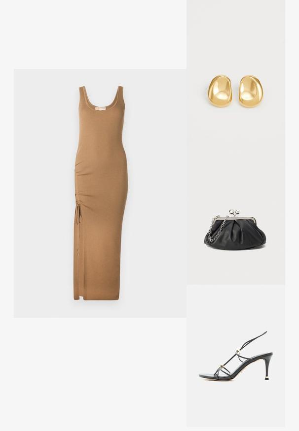 Vestido maxi de punto acanalado en marrón claro, con escote redondo y fruncido lateral ajustable con lazos para un mejor ajuste.; Sandalia de tacón alto negra con tiras delgadas y detalles de cuentas doradas en un tacón de aguja puntiagudo.; Clutch de cuero negro con textura arrugada, marco de metal en tono plateado, cierre de beso y cadena para colgar. Superficie suave y lisa.; Pendientes de studs en color dorado con una forma suave y redondeada y una superficie reflectante, que exhiben un diseño minimalista y sin patrones visibles.