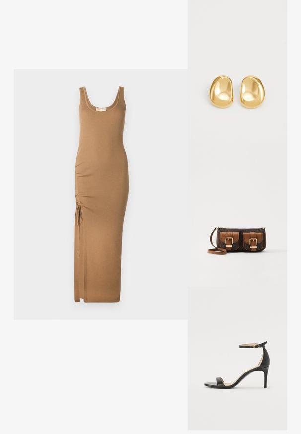 Vestido maxi de punto acanalado en marrón claro, con escote redondo y fruncido lateral ajustable con lazos para un mejor ajuste.; Sándalo de tacón alto de piel negra con tiras en el tobillo. Presenta una textura suave, puntera abierta y un tacón delgado. Detalles de hebilla en tono dorado.; Bolso de mano marrón con estampado, dos bolsillos frontales, herrajes dorados y una correa para el hombro. Cuenta con un cierre de cremallera y acentos de cuero.; Pendientes de studs en color dorado con una forma suave y redondeada y una superficie reflectante, que exhiben un diseño minimalista y sin patrones visibles.