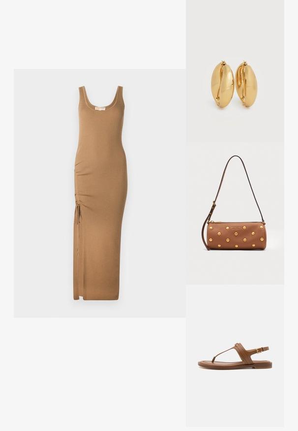 Geribbelde gebreide maxidress in lichtbruin, met een ronde halslijn en verstelbare zijrijke met strikjes voor de pasvorm.; Bruine leren sandaal met een teenslipperontwerp, platte zool en verstelbare enkelband met een gouden gespaccent.; Bruine leren cilindervormige handtas met gouden studs, verstelbare band en gouden Michael Kors-logo aan de voorkant.; Een paar gepolijste oorbellen van goudkleurig metaal met een dik, licht ovaal, robuust ontwerp en scharnierklemmen op een witte achtergrond.