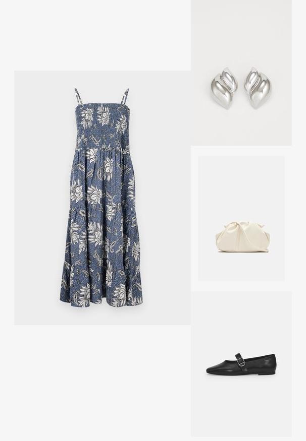 Blaues Blumenmaxikleid mit weißen Blütenmustern, gerafftem Oberteil, dünnen Trägern und einem fließenden Rock, der am Saum ausgestellt ist.; Schwarzer Lederflatschuh mit runder Zehenform, einem verstellbaren Schnallenriemen und einer glatten, glänzenden Oberfläche. Minimalistisches Design mit einem niedrigen Absatz.; Weiche, cremefarbene Leder-Clutch mit gerafftem Design und einem dünnen Schulterriemen, der vorne auf einem schlichten Hintergrund liegt.; Silberne Ohrringe mit einer organischen, abstrakten Form. Glatte, glänzende Oberfläche mit einem konischen Design. Mit dezenten Kurven und einem zentralen Linienelement.
