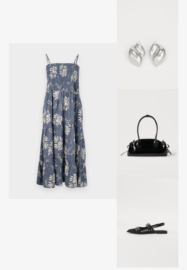Blaues Blumenmaxikleid mit weißen Blütenmustern, gerafftem Oberteil, dünnen Trägern und einem fließenden Rock, der am Saum ausgestellt ist.; Even&Odd by Zalando Sling-Ballerina - black; Kleine schwarze glänzende Handtasche mit zwei langen Griffen und seitlichen Kordelzug-Details vor einfachem hellem Hintergrund.; Silberne Ohrringe mit einer organischen, abstrakten Form. Glatte, glänzende Oberfläche mit einem konischen Design. Mit dezenten Kurven und einem zentralen Linienelement.