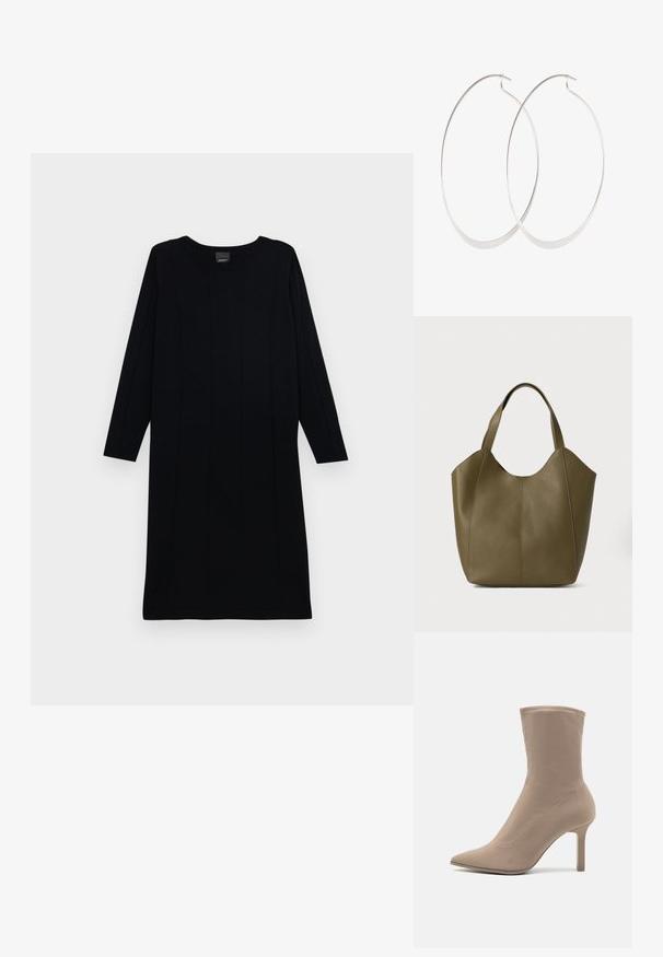 Sort strikket kjole med lange ærmer, rund halsudskæring og lodret ribbet tekstur. Enkel design, knælang, med ensfarvet. ; Call it Spring CIEL - Højhælede støvletter - other grey; Oliven grøn læder tote taske med dobbelte håndtag, glat tekstur og fire panel design. Forstærket syning langs sømmene for holdbarhed.; Sølv hoops øreringe med et tyndt, glat design; langstrakt oval form; poleret finish; har en sikker krog lukning.