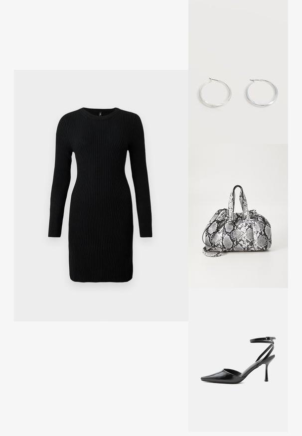 Robe noire en maille côtelée à manches longues avec une silhouette ajustée et un col ras du cou, présentée sur un fond clair uni.; Escarpin noir à bout pointu avec fines brides de cheville et fermeture à boucle argentée sur fond clair uni.; Sac à main en motif peau de serpent noir et blanc avec deux poignées, une fermeture à cordon et une bandoulière amovible. Texture lisse.; Boucles d’oreilles créoles en métal argenté avec une surface lisse légèrement incurvée et des fermoirs à clapet sur un fond blanc uni.