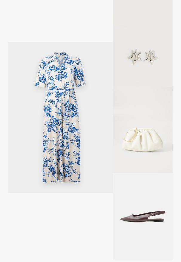 Witte midi-jurk met blauwe bloemenprint, korte mouwen, kraag, knoopsluiting aan de voorkant en een strikceintuur in de taille.; Bordeauxrode platte slingback schoen met puntige neus, lage hak en verstelbare band, op witte achtergrond.; Witte leren handtas met een geassembleerd ontwerp, voorzien van een gouden kettingband en een ronde vorm. Gladde textuur met zachte plooien en geen patronen.; Zilverkleurige stervormige oorringen met een gladde, gepolijste afwerking op een effen witte achtergrond.