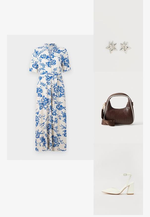 Robe midi blanche à imprimé floral bleu, manches courtes, col, boutonnage devant et ceinture à nouer à la taille.; Sandale blanche à talon avec un bout pointu, sangle de cheville réglable et un talon carré épais. Texture lisse avec des détails de couture minimaux.; Sac à main en cuir tressé marron avec passepoil blanc, fermeture éclair dorée et bandoulière amovible en tissu marron.; Boucles d’oreilles créoles en forme d’étoile argentée avec une finition lisse et polie sur un fond blanc uni.