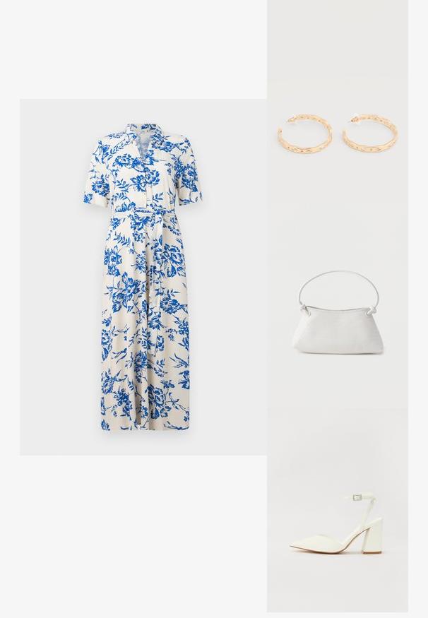 Witte midi-jurk met blauwe bloemenprint, korte mouwen, kraag, knoopsluiting aan de voorkant en een strikceintuur in de taille.; Witte hakken sandaal met een puntige neus, verstelbaar enkelbandje en een stevige vierkante hak. Gladde textuur met minimale stiksels.; Witte handtas van gevlochten leer met een afgeronde handgreep en uiteinden van de band die geknoopt zijn, afgebeeld tegen een effen achtergrond.; Oorringen in goudkleur met een onregelmatig golfpatroon en ingelegde heldere kristalaccenten, bevestigd met achterkantjes van kunststof.