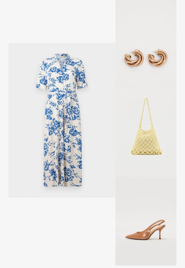 Witte midi-jurk met blauwe bloemenprint, korte mouwen, kraag, knoopsluiting aan de voorkant en een strikceintuur in de taille.; Puntige slingback hak in een glad, glanzend beige materiaal. Bevat een gebogen uitsnijdontwerp en een slanke stiletto hak. Zilveren gesp detail.; Gele macramé net tas met lange band en beige tasje erin, getoond op een effen witte achtergrond.; Metalen gouden oorbellen in een draaiend ontwerp. Rondvormig met een gladde, glanzende textuur en pin-sluiting. Aanzienlijke breedte en diepte.