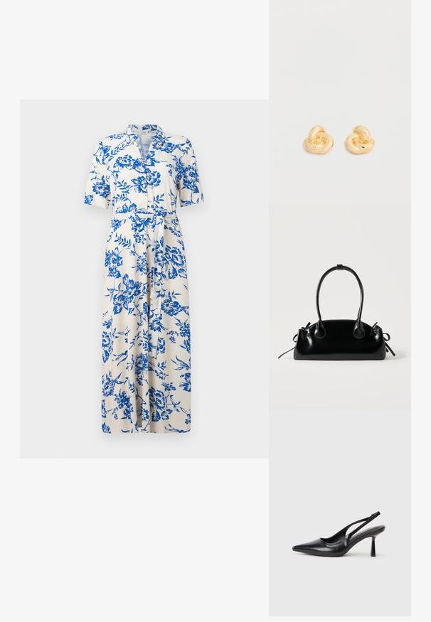 Robe midi blanche à imprimé floral bleu, manches courtes, col, boutonnage devant et ceinture à nouer à la taille.; Chaussure à talon haut en cuir noir, à bride arrière, avec un bout pointu et un talon fin sur fond blanc.; Petit sac à main noir brillant avec deux longues anses et des détails à cordon sur les côtés sur un fond clair uni.; Paire de clous d'oreilles en forme de nœud, couleur or brillant, sur un fond blanc uni.