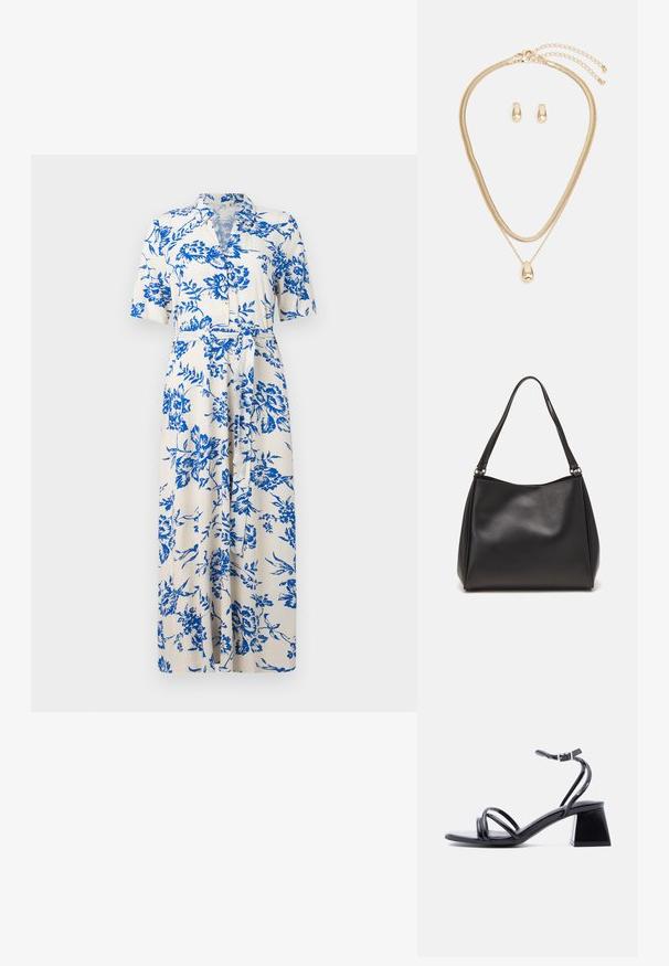 Witte midi-jurk met blauwe bloemenprint, korte mouwen, kraag, knoopsluiting aan de voorkant en een strikceintuur in de taille.; Zwarte sandaal met open teen, smalle banden, een enkelbandje met gesp en blokhak, zijaanzicht op een effen lichte achtergrond.; Zwarte synthetische leren handtas met een zachte textuur, hobo-vorm en dubbele schouderbanden; heeft een glanzende afwerking en een minimalistisch ontwerp.; Gouden sieradenset met een gelaagde ketting met een druppelvormige hanger en bijpassende studoorbellen, allemaal in een gepolijste afwerking.