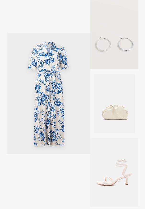 Witte midi-jurk met blauwe bloemenprint, korte mouwen, kraag, knoopsluiting aan de voorkant en een strikceintuur in de taille.; Witte sandaal met hak, voorzien van een voorzijde met bandjes, een enkelriempje met gesp en een smalle hak van gemiddelde hoogte, afgebeeld op een effen achtergrond.; Zachte, crèmekleurige leren clutch met geplooid, gerimpeld ontwerp en een dunne schouderriem die vooraan op een effen achtergrond ligt.; Zilverkleurige metalen creolen oorbellen met een glad, licht gebogen oppervlak en sluitingen met haaksluiting op een effen witte achtergrond.