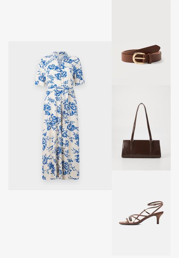 Witte midi-jurk met blauwe bloemenprint, korte mouwen, kraag, knoopsluiting aan de voorkant en een strikceintuur in de taille.; Bruine sandaal met dunne bandjes, enkelriempje met gesp en hak van gemiddelde hoogte, zijaanzicht op een witte achtergrond.; Bruine lakleren handtas met een rechthoekige vorm, twee lange handvatten en subtiele gebogen accenten aan de voorkant.; Bruine leren riem met gouden afgeronde gesp, opgerold en liggend op een witte ondergrond.