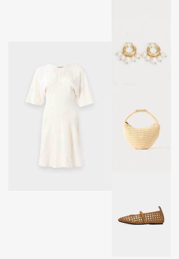 Vestido blanco de manga corta con escote en V y tejido texturizado. Silueta acampanada con dobladillo a la altura de la rodilla y un sutil patrón arrugado.; Zapato plano tejido marrón con punta puntiaguda, una sola correa y hebilla dorada, y una pestaña para tirar en el talón, sobre fondo blanco.; Bolso tejido beige con cuerpo redondeado, cierre de cremallera y una correa corta y gruesa en un estilo de crochet simple y texturizado.; Pendientes de aro dorados con tres perlas blancas colgantes, asegurados con acentos de alambre. Acabado metálico liso con un aspecto pulido.