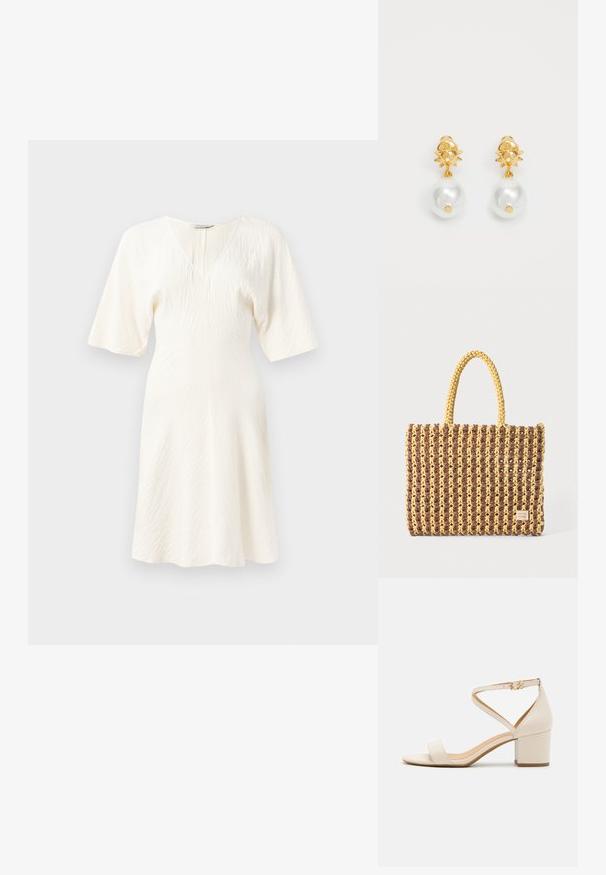 Hvid, kortærmet kjole med V-hals og struktureret stof. Udsvinget silhuet med en knælang kant og et subtilt krøllet mønster.; Beige blokhælede sandaler med et minimalistisk design, åben tå og justerbar ankelrem med en guldbelsningsdetalje. Glat tekstur.; Vævet taske i brun og gul, med en rektangulær form, to håndtag, og en tekstureret overflade med synlige sting og et mærke.; Gyldne øreringe med en solformet top og store hvide perle dråber. Har en glat tekstur og en skinnende overflade.