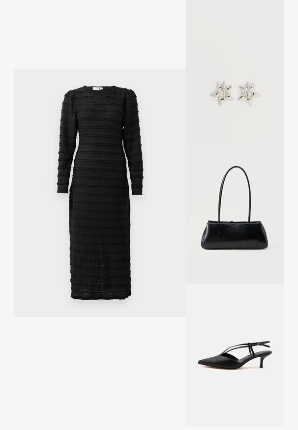 Sort kjole med lange ærmer, der har teksturerede vandrette striber og en tætsiddende silhuet, lavet af et let og strækbart materiale.; Sort læder spids tå kitten heel med tynd ankelrem og spænde, slingback design, på en ensfarvet lys baggrund.; Sort rektangulær skuldertaske med lange tynde stropper og en glat, blank tekstur på en ensfarvet baggrund.; Sølv stjerneformede øreringe med en glat, poleret finish på en ensfarvet hvid baggrund.