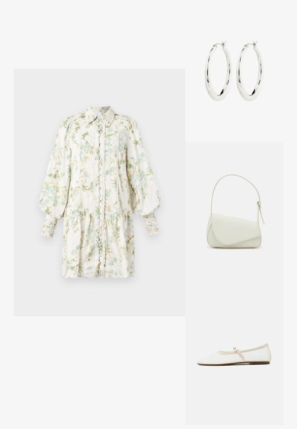 Vestido floral con mangas abullonadas, fondo blanco y flores verdes, con botones en el frontal, cintura fruncida, tela texturizada y puños con volantes.; Zapato plano Mary Jane blanco con puntera puntiaguda, tira delgada ajustable con hebilla plateada y suela marrón sobre fondo blanco.; Bolso de mano de imitación cuero blanco con una forma triangular estructurada, correa ajustable única y cierre con solapa acentuada en curva.; Pendientes de aro de plata con un acabado suave y brillante. Forma circular, con un cierre seguro. Diseño sencillo y elegante.