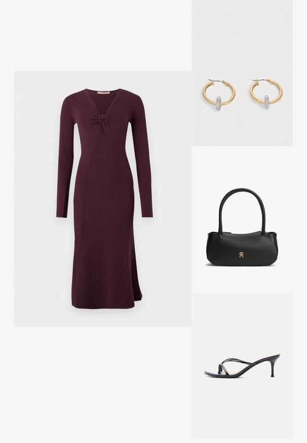 Langärmliges, weinrotes Kleid mit einer gedrehten Vorderseite und einem kreisförmigen Detail, enganliegender Silhouette und ausgestelltem Saum.; Schwarze Peeptoe-Sandale aus Lackleder mit dünnen, gekreuzten Riemen und einem schlanken, mittelhohen Stilettoabsatz vor weißem Hintergrund.; Schwarze Ledertasche mit doppelten, runden Griffen, goldenem Reißverschluss und kleinem, goldfarbenem ineinandergreifendem Logo in der vorderen Mitte.; Paar goldfarbene Creolen mit kleinem silberfarbenem Schlaufen-Detail an jeder, vor hellem grauem Hintergrund präsentiert.