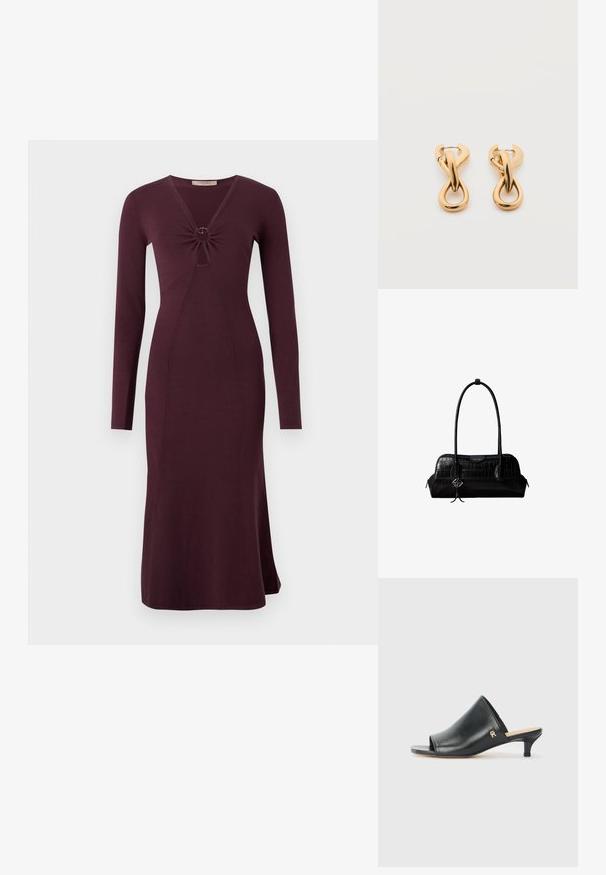 Langärmliges, weinrotes Kleid mit einer gedrehten Vorderseite und einem kreisförmigen Detail, enganliegender Silhouette und ausgestelltem Saum.; Schwarze Leder-Pantoletten mit offenen Zehen und niedrigem Absatz. Sie verfügen über eine glatte Oberfläche und ein goldenes Logo-Detail an der Seite.; Schwarze Umhängetasche aus krokodilstrukturiertem Leder mit langen Riemen und einem kleinen silbernen Logocharm an einem Riemen.; Paar glänzende goldfarbene Creolen mit verschlungenem, verdrehtem Design auf schlichten weißem Hintergrund.