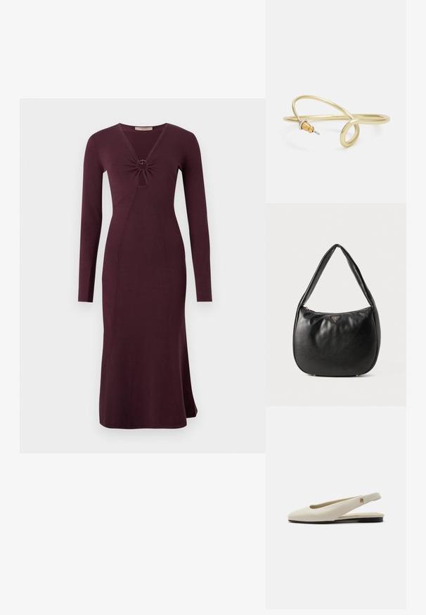 Langsleeve, bordeaux kleurige jurk met een gedraaide voorkant en een ronde detail, aansluitende silhouet en uitlopende zoom.; Crèmekleurige leren slingback platte schoen met ronde neus en klein gouden embleem op het bandje.; Zwarte leren hobo tas met een gladde textuur, een gebogen vorm en een ritssluiting. Kenmerkt zich door een gouden logo-accent aan de voorkant.; Gouden metalen armband met een vloeiende, kromme vormgeving. Bevat een kleine, opvallende, zilvergekleurde accent aan één uiteinde.