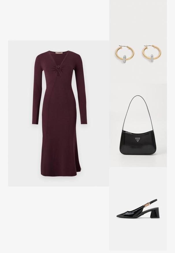 Vestido burdeos de manga larga con un frente retorcido y un detalle circular, silueta ajustada y dobladillo acampanado.; Zapatos de charol negro con tacón de pala y puntera afilada, con detalles en tono dorado en la correa, que presentan un tacón cuadrado. Textura suave.; Bolso de hombro de charol negro con forma curva, que presenta un logotipo triangular plateado y un cierre de cremallera. Textura suave y correa delgada.; Par de pendientes de aro en tono dorado con pequeño detalle de aro en tono plateado en cada uno, expuestos sobre un fondo gris claro.