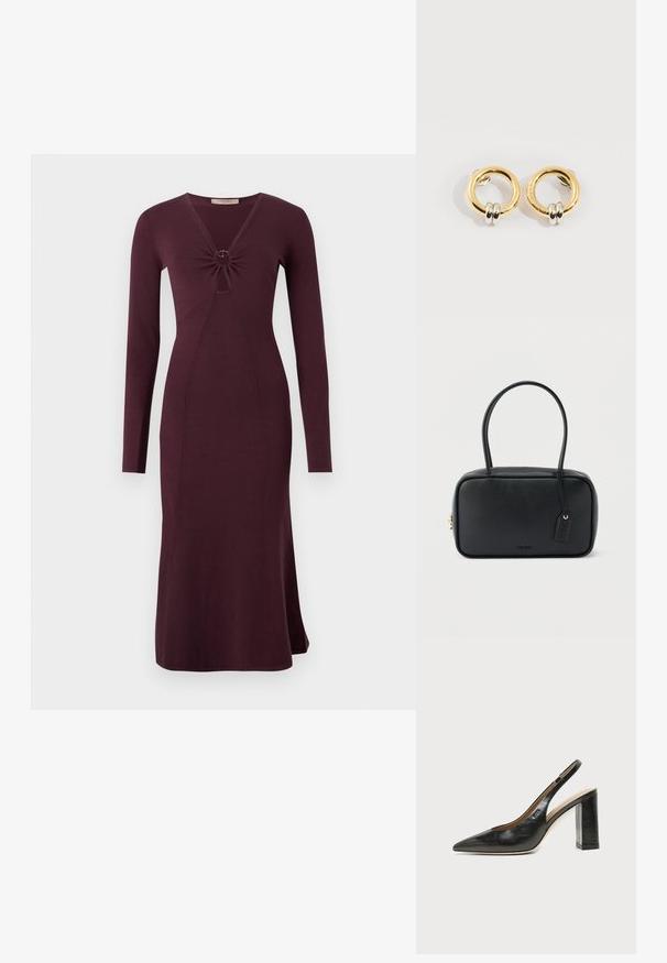 Vestido burdeos de manga larga con un frente retorcido y un detalle circular, silueta ajustada y dobladillo acampanado.; Zapato slingback de piel negra con puntera puntiaguda, tacón alto y ancho, y forro interior beige sobre un fondo claro y liso.; Bolso rectangular negro con asas dobles redondeadas, cremallera dorada y logo "HUGO" en relieve en el frente con etiqueta de cuero adjunta.; Pendientes circulares de oro con dos pequeños anillos de plata en cada uno, que muestran detalles sutiles del nombre de la marca grabado, colocados sobre un fondo blanco.