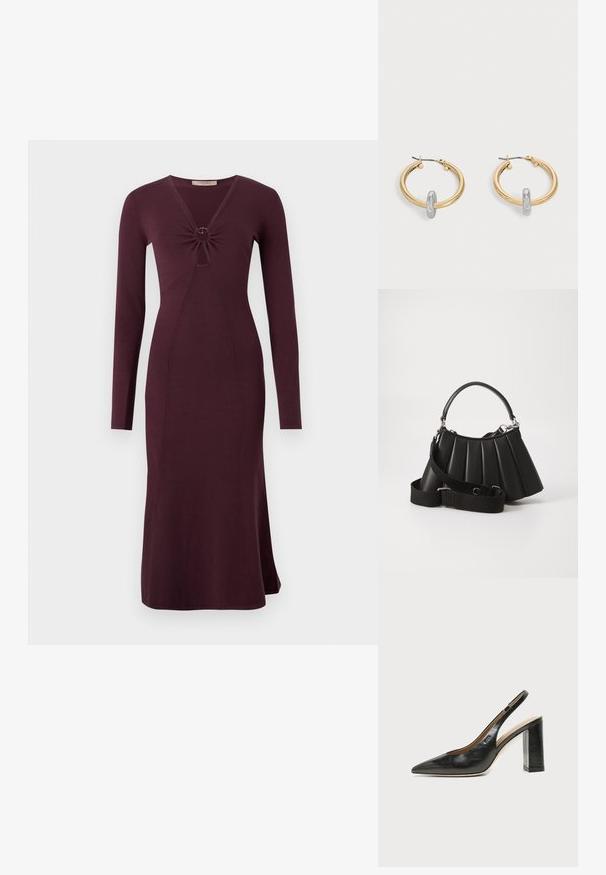 Vestido burdeos de manga larga con un frente retorcido y un detalle circular, silueta ajustada y dobladillo acampanado.; Zapato slingback de piel negra con puntera puntiaguda, tacón alto y ancho, y forro interior beige sobre un fondo claro y liso.; Bolso de mano negro con pliegues, manejo redondeado, correa ajustable y textura brillante. Presenta herrajes plateados y una silueta estructurada.; Par de pendientes de aro en tono dorado con pequeño detalle de aro en tono plateado en cada uno, expuestos sobre un fondo gris claro.