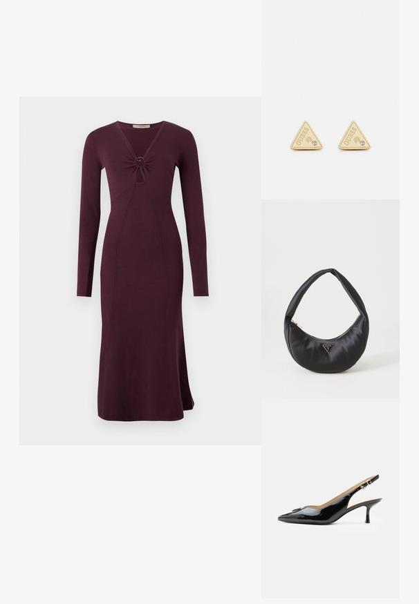 Vestido burdeos de manga larga con un frente retorcido y un detalle circular, silueta ajustada y dobladillo acampanado.; Tacón slingback de charol negro con puntera puntiaguda, tacón pequeño tipo kitten y correa con hebilla plateada sobre un fondo blanco liso.; Bolso de satén negro con forma curva, que cuenta con un cierre de cremallera y un logo triangular en metal en la parte delantera. Textura suave y diseño elegante.; Guess PARTY - Pendientes - gold-coloured