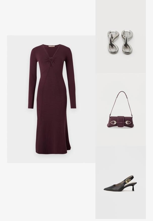 Langsleeve, bordeaux kleurige jurk met een gedraaide voorkant en een ronde detail, aansluitende silhouet en uitlopende zoom.; Zwarte slingback hoge hak schoenen met een spitse neus, een gladde leren textuur en een gouden gespaccent op de band.; Donkerpaarse leren schoudertas met zilveren ovale gespen en "HUGO"-logo op het voorflapje, smalle riem, minimalistisch design.; Set zilverkleurige metalen oorbellen met een abstract ontwerp van in elkaar grijpende lussen op een witte achtergrond.