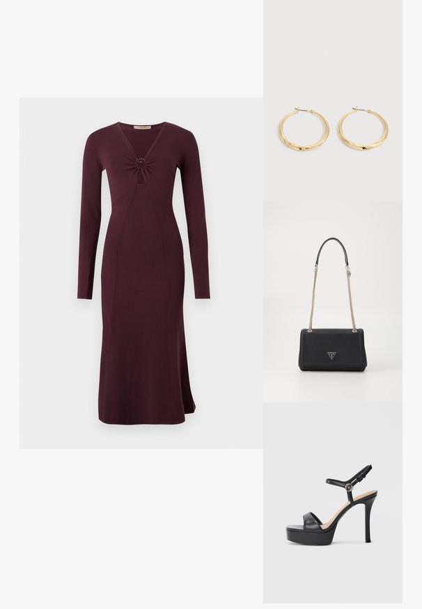 Langärmliges, weinrotes Kleid mit einer gedrehten Vorderseite und einem kreisförmigen Detail, enganliegender Silhouette und ausgestelltem Saum.; Schwarze Plateausandalen mit hohem Stiletto-Absatz, ausgestattet mit einem glatten Lederobermaterial, einem Peeptoe-Design und einem verstellbaren Knöchelriemen mit Metallbeschlägen.; Schwarze Handtasche aus Kunstleder mit Klappenverschluss, goldenem Kettenriemen und dreieckigem Logoakzent. Glatte Textur mit strukturierter Form.; Paar polierte goldene Creolen mit dünnen Stegen und Klappverschlüssen, auf einem schlichten hellgrauen Hintergrund präsentiert.