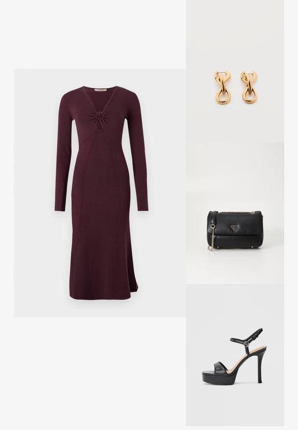 Langärmliges, weinrotes Kleid mit einer gedrehten Vorderseite und einem kreisförmigen Detail, enganliegender Silhouette und ausgestelltem Saum.; Schwarze Plateausandalen mit hohem Stiletto-Absatz, ausgestattet mit einem glatten Lederobermaterial, einem Peeptoe-Design und einem verstellbaren Knöchelriemen mit Metallbeschlägen.; Schwarze Leder-Schultertasche mit goldener Kettenriemen und dreieckigem Guess-Logo auf dem vorderen Deckel, vor einem schlichten weißen Hintergrund.; Paar glänzende goldfarbene Creolen mit verschlungenem, verdrehtem Design auf schlichten weißem Hintergrund.