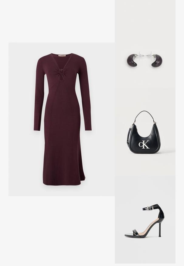 Langsleeve, bordeaux kleurige jurk met een gedraaide voorkant en een ronde detail, aansluitende silhouet en uitlopende zoom.; Zwarte sandalen met hoge hak van lakleer en een enkelriempje. Heeft een minimalistisch ontwerp, open teen en een gesp met strass-steentjes.; Zwarte leren schoudertas met zilveren "cK"-logo, gebogen silhouet, kort hengsel en afneembare langere band op effen achtergrond.; Donkerpaarse hars oorbellen in de vorm van halve manen, met zilverkleurige metalen accenten en transparante plastic achterkanten voor een stevige bevestiging.