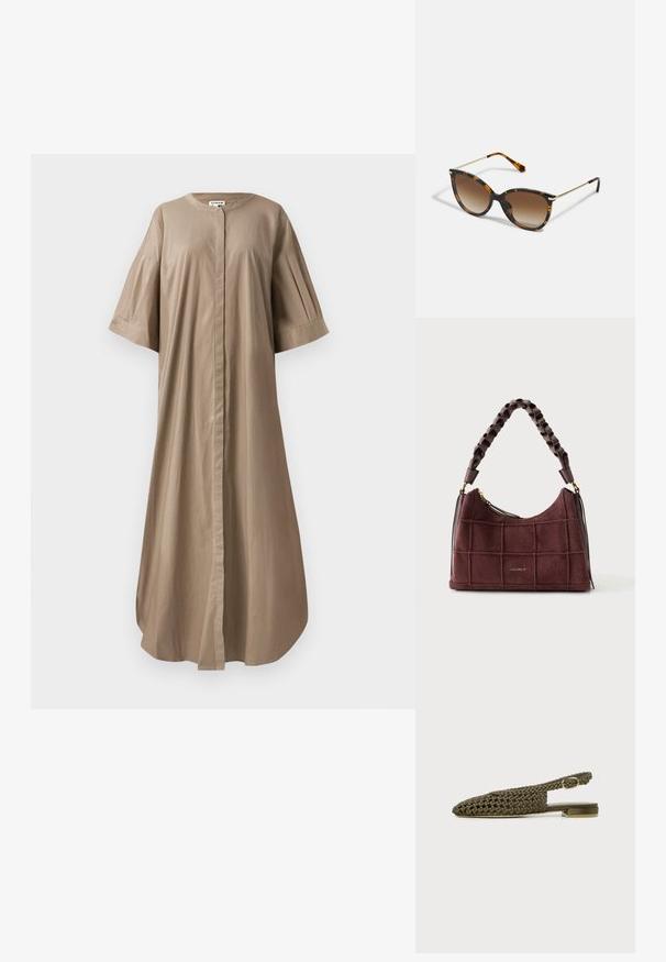 Robe midi beige en coton avec un col rond, des manches courtes et larges, et une fermeture à boutons sur le devant. Texture lisse et coupe décontractée.; Chaussure plate tissée vert olive avec bride arrière, petite boucle dorée et talon carré sur fond blanc.; Des lunettes de soleil en forme de yeux de chat avec une monture en écaille de tortue, des verres dégradés marron et des accents dorés sur les branches. Design léger avec une texture lisse.; Sac à main en daim bordeaux avec surpiqûres en quadrillage, fermeture éclair dorée et anse tressée épaisse, posé sur un fond uni clair.