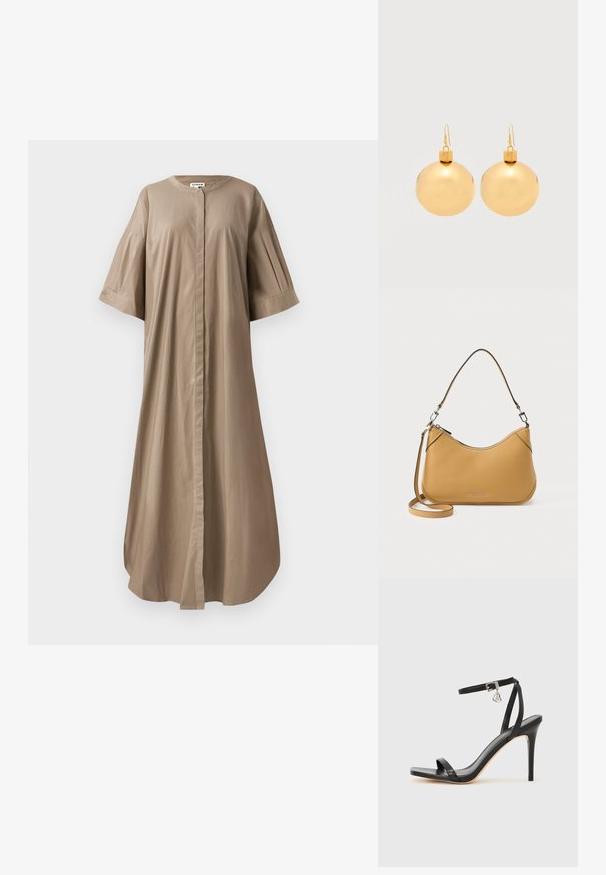 Robe midi beige en coton avec un col rond, des manches courtes et larges, et une fermeture à boutons sur le devant. Texture lisse et coupe décontractée.; Sandale à talon haut noire avec une bride étroite à la cheville, bout carré, cuir lisse et accent de boucle métallique.; Sac à main en cuir tanné Michael Kors avec poignée courte et bandoulière longue amovible, sur fond blanc.; Paire de boucles d'oreilles boule de Noël dorées brillantes avec fermoirs à crochet sur fond blanc uni.