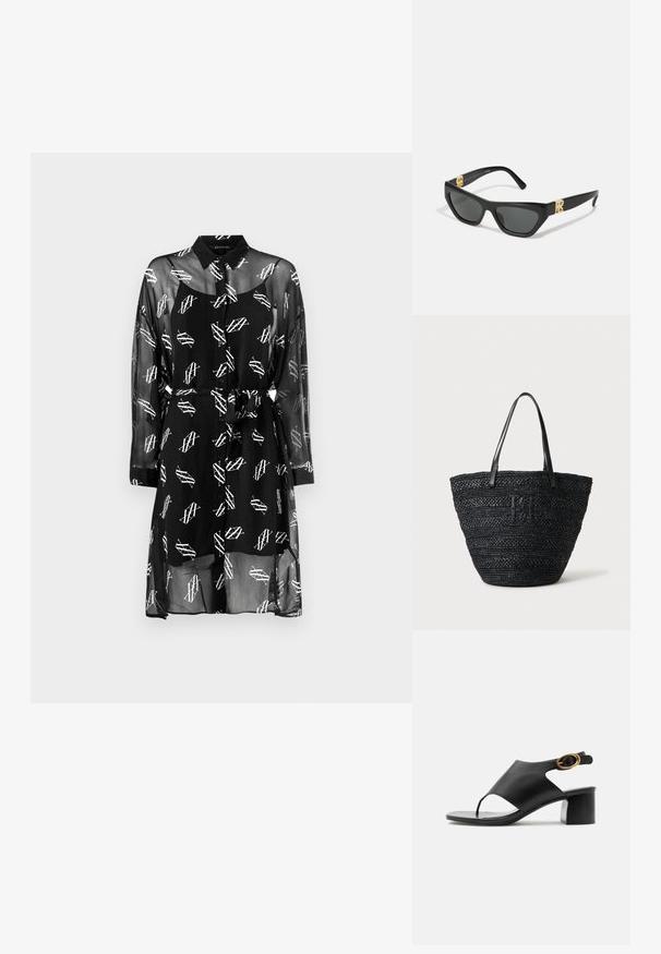 Sort gennemsigtig skjortekjole med hvide geometriske mønstre, krave, lange ærmer, knaplukning og et matchende bælte ved taljen.; Sort dameslingback sandal i læder med åben tå, guldfarvet oval spænde og blokhæle på hvid baggrund.; Sorte solbriller med en iøjnefaldende katteøjeform, der har mørke linser og guldfarvet hardware med et 'R'-logo på stængerne.; Sort vævet tote taske med to tynde læderhåndtag og et diskret fletlogo foran, stående mod en lys baggrund.