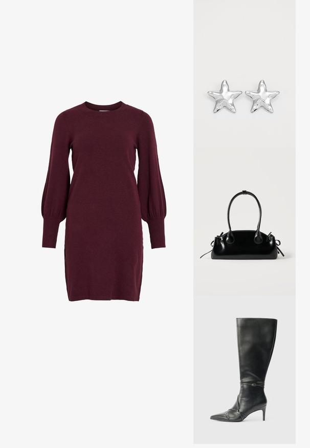 Vestido de punto burdeos con mangas abullonadas largas, escote redondo y puños acanalados. Presenta una silueta ajustada y aberturas laterales en el dobladillo.; Botas negras de cuero hasta la rodilla con tacón delgado, punta afilada y detalles de diseño con correas en el tobillo. Textura suave y diseño ajustado.; Pequeño bolso negro brillante con dos asas largas y detalles de cordón lateral sobre un fondo claro liso.; Pendientes en forma de estrella plateada con una superficie pulida y brillante. Cada pendiente presenta cinco puntas y sutiles detalles de textura en la superficie.