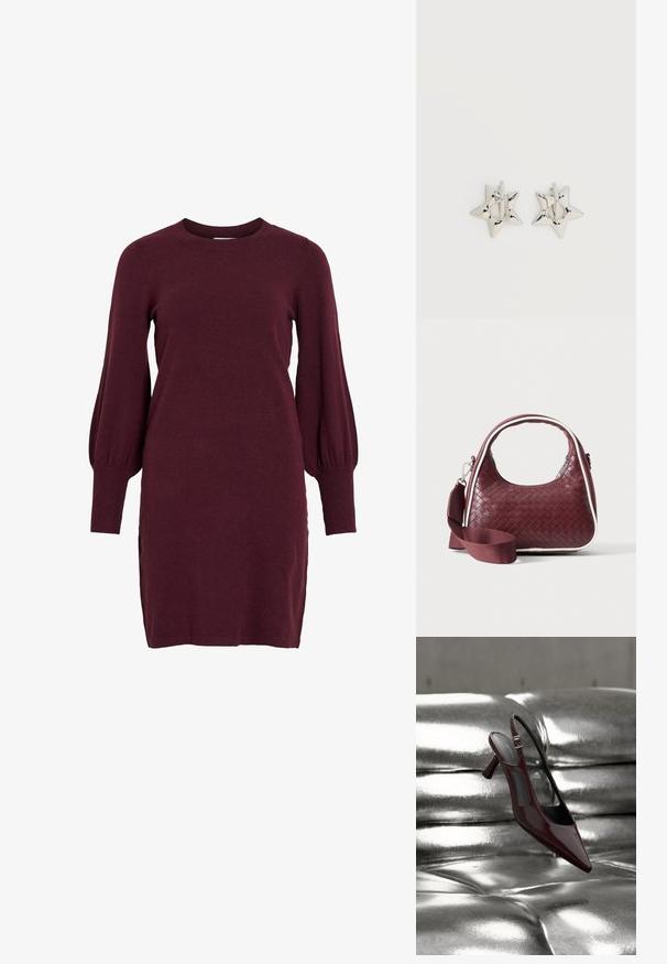Burgunderfarbendes Strickkleid mit langen Puffärmeln, Rundhalsausschnitt und gerippten Bündchen. Das Kleid hat eine taillierte Silhouette und seitliche Schlitze am Saum.; Glänzender, dunkelroter Slingback-Pumps mit hohem Absatz und spitz zulaufender Vorderkappe, präsentiert auf glänzendem, silbernem, gesteppter Lederoberfläche.; Dunkelrote gewebte Ledertasche mit gebogenem Griff, weißem Besatz, silbernem Reißverschluss und abnehmbarem breitem Stoff-Schulterriemen vor einfarbigem Hintergrund.; Silberne, sternförmige Creolen mit einer glatten, polierten Oberfläche auf weißem, schlichtem Hintergrund.