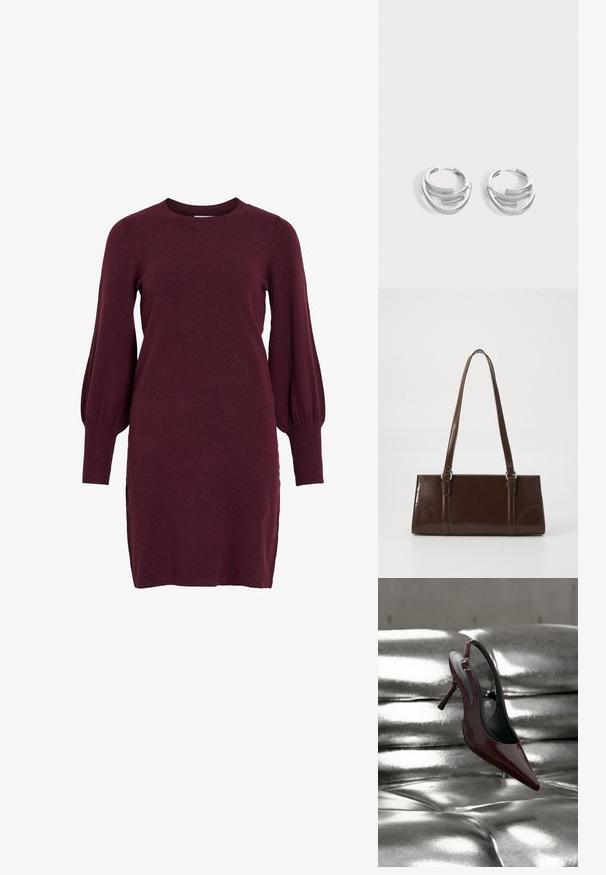 Vestido de punto burdeos con mangas abullonadas largas, escote redondo y puños acanalados. Presenta una silueta ajustada y aberturas laterales en el dobladillo.; Zapato de tacón alto tipo slingback de color rojo oscuro con puntera puntiaguda, descansando sobre una superficie acolchada metálica plateada y brillante.; Bolso de mano de piel sintética marrón con forma rectangular, dos asas largas y sutiles acentos curvados en la parte delantera.; Par de pendientes de aro plateados pulidos con diseño de barra curva en capas sobre un fondo claro y liso.
