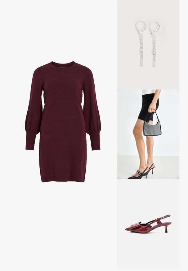 Burgunderfarbendes Strickkleid mit langen Puffärmeln, Rundhalsausschnitt und gerippten Bündchen. Das Kleid hat eine taillierte Silhouette und seitliche Schlitze am Saum.; Rote Lackleder-Slingback-Kitten-Heels mit spitzem Zehenbereich und großem Schleifendetail auf der Oberseite vor weißem Hintergrund.; Schwarze Perlen-Handtasche mit geschwungener Silhouette, Tragegriff und glänzender Textur. Kombiniert mit schwarzen High Heels und enganliegenden schwarzen Shorts.; Silberne hängende Ohrringe mit rechteckigen und runden klaren Kristallen in einer vertikalen Linie, gesichert durch Leverback-Verschlüsse.