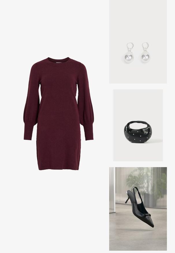 Vestido de punto burdeos con mangas abullonadas largas, escote redondo y puños acanalados. Presenta una silueta ajustada y aberturas laterales en el dobladillo.; Zapato de tacón alto slingback de cuero negro texturizado con punta picuda y una pequeña hebilla decorativa, flotando sobre un suelo liso.; Bolso de mano de cuero negro con forma redondeada, decorado con detalles de tachuelas plateadas y un asa corta. Textura lisa y cierre con cremallera.; Pendientes de plata en forma de gota con superficies redondas y reflectantes colgando de cierres de palanca. El fondo es blanco liso.