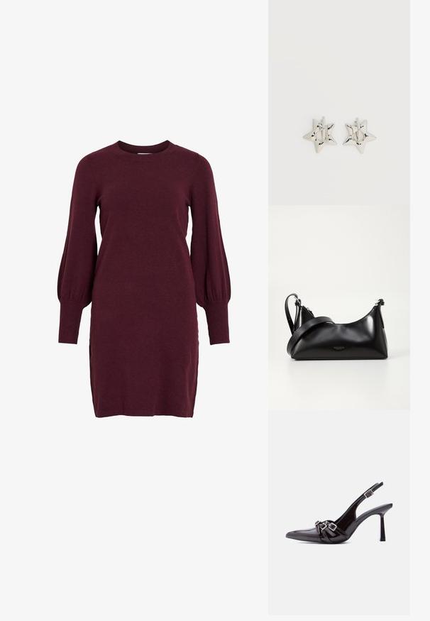 Vestido de punto burdeos con mangas abullonadas largas, escote redondo y puños acanalados. Presenta una silueta ajustada y aberturas laterales en el dobladillo.; Zapato de tacón alto tipo slingback de charol negro con punta afilada y tres correas decorativas con hebillas sobre la parte superior.; Bolso de mano de cuero negro con una textura suave. Cuenta con una correa ajustable y un diseño elegante y minimalista con cierre de cremallera.; Pendientes de aro plateados en forma de estrella con un acabado liso y pulido sobre un fondo blanco liso.