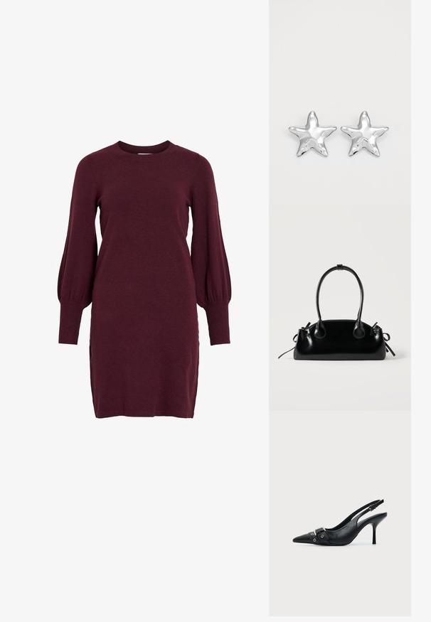 Vestido de punto burdeos con mangas abullonadas largas, escote redondo y puños acanalados. Presenta una silueta ajustada y aberturas laterales en el dobladillo.; Zapato de tacón alto tipo slingback de piel negra con puntera puntiaguda, con hebilla y detalle de tira con ojetes en la parte delantera.; Pequeño bolso negro brillante con dos asas largas y detalles de cordón lateral sobre un fondo claro liso.; Pendientes en forma de estrella plateada con una superficie pulida y brillante. Cada pendiente presenta cinco puntas y sutiles detalles de textura en la superficie.