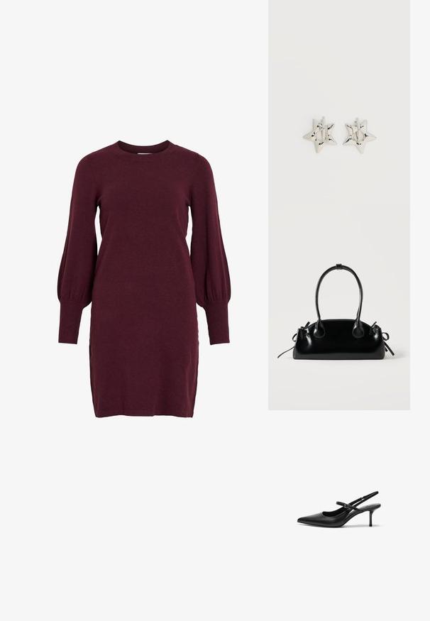Burgunderfarbendes Strickkleid mit langen Puffärmeln, Rundhalsausschnitt und gerippten Bündchen. Das Kleid hat eine taillierte Silhouette und seitliche Schlitze am Saum.; Schwarze Leder Slingback-Absätze mit einer spitzen Zehenform, schmalem verstellbarem Riemen und einem etwa 5 cm hohen Stiletto-Absatz, glatte Textur.; Kleine schwarze glänzende Handtasche mit zwei langen Griffen und seitlichen Kordelzug-Details vor einfachem hellem Hintergrund.; Silberne, sternförmige Creolen mit einer glatten, polierten Oberfläche auf weißem, schlichtem Hintergrund.