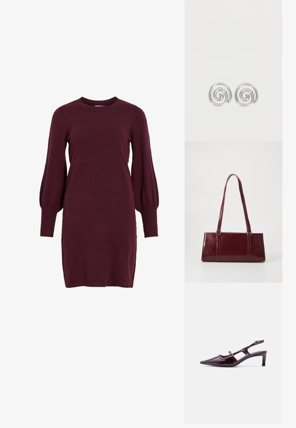 Vestido de punto burdeos con mangas abullonadas largas, escote redondo y puños acanalados. Presenta una silueta ajustada y aberturas laterales en el dobladillo.; Zapato slingback de charol burdeos con punta puntiaguda, tacón bajo y doble correa ajustable con hebilla.; Bolso burdeos hecho de material brillante, de forma rectangular, con dos asas para el hombro y sutiles acentos curvados en la parte frontal.; Par de pendientes de aro espiral plateados con diseño liso y redondeado sobre un fondo blanco liso.