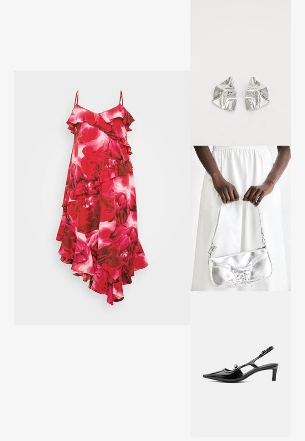 Blumenkleid mit Rüschen; in Pink- und Rottönen gehalten, mit verstellbaren Trägern und asymmetrischem Saum. Hergestellt aus einem glatten Stoff.; Schwarzer Slingback-Schuh aus Lackleder mit spitzer Kappe, niedrigem Absatz und zwei verstellbaren Schnallenriemen, seitlich dargestellt.; Silberne metallische Handtasche mit Schnürdetail, die ein elegantes Design und einen kurzen Tragegurt aufweist. Die Tasche wird in den Händen gehalten und zeigt ihre Textur.; Silberne Metallohrringe mit einem wellenförmigen, skulpturalen Design, das eine polierte Oberfläche und unregelmäßige Formen aufweist, die eine zeitgenössische Ästhetik betonen.