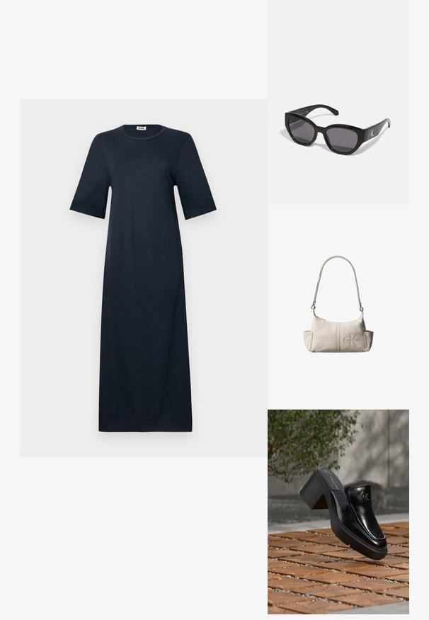 Robe bleu marine, longueur genou, en tissu doux. Caractéristiques des manches courtes et larges ainsi qu'un col rond. Design simple et sans ornements.; Mule slip-on en cuir noir Calvin Klein avec talon bloc reposant sur des carreaux en bois à l'extérieur près d'une plante verte et d'un mur gris.; Lunettes de soleil noires au design lisse et angulaire, avec des verres foncés et un logo en argent contrastant sur le côté. Texture en plastique lisse.; Petit sac à bandoulière en cuir beige avec une sangle ajustable et un logo Calvin Klein embossé au centre avant.